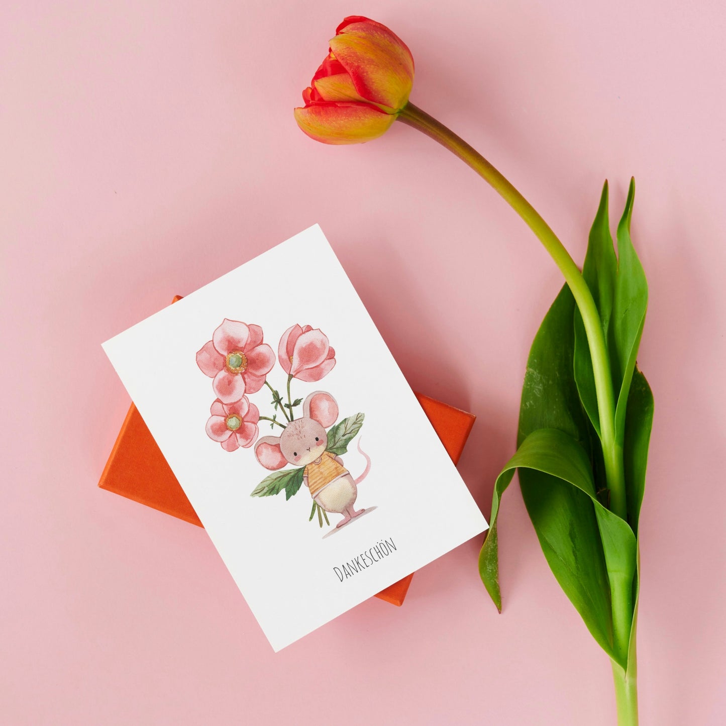 Klappkarte Dankeschön – Maus mit Blumenstrauß