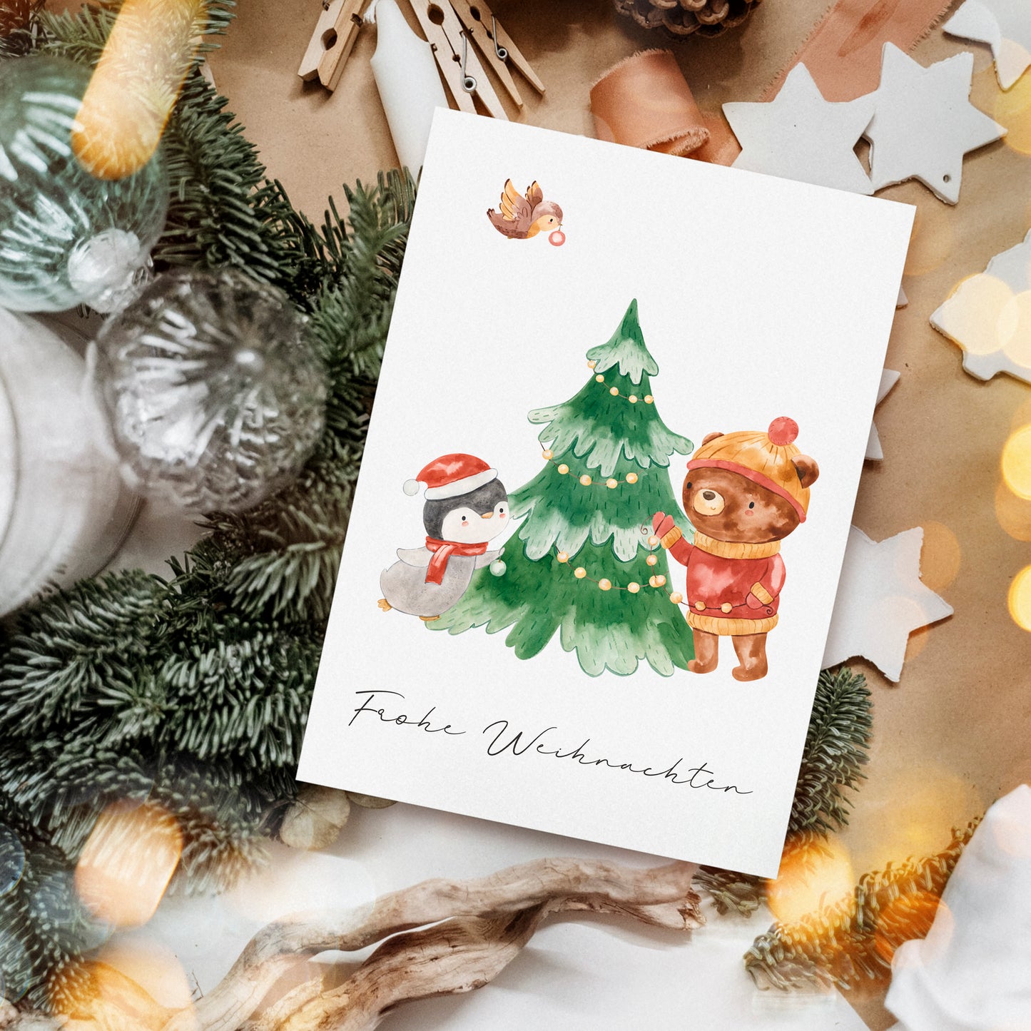 Weihnachtskarte Frohe Weihnachten - Pinguin & Bär