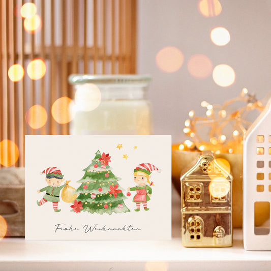 Weihnachtskarte Frohe Weihnachten - Elfen & Weihnachtsbaum