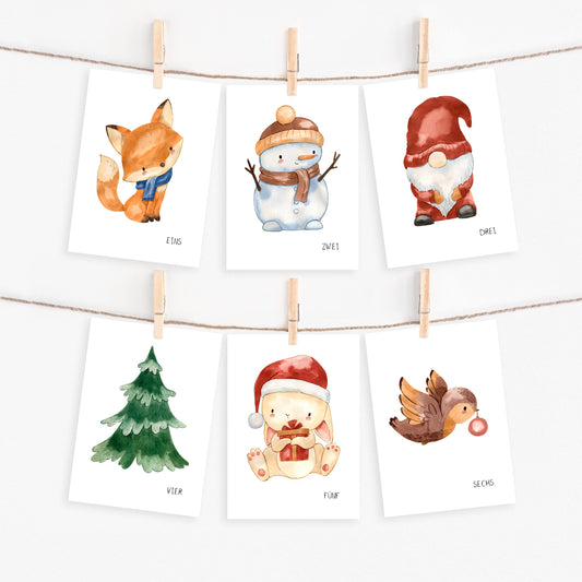 Adventskarten mit geschriebenen Zahlen und Illustrationen A7: Karten mit Tierzeichnungen und weihnachtlichen Motiven, ideal für DIY-Adventskalender, auf hochwertigem Naturpapier gedruckt.