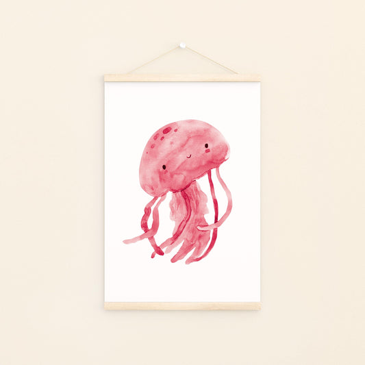 Poster Qualle pink A3 & A4: Illustration einer rosa Qualle, handgemalt, auf hochwertigem Naturpapier gedruckt, ideal für Kinderzimmerdekor.