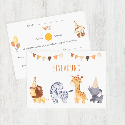 Einladung Kindergeburtstag Tiere A6, zeigt Aquarelltiere mit Partyhüten auf zwei Karten. Perfekt für Kinder, hochwertiges 300g Naturpapier, einfach auszufüllen.