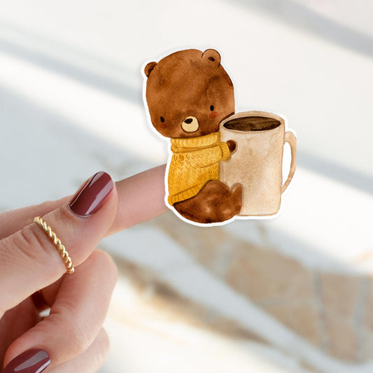 Finger mit Sticker Bär & Kaffee: Ein Bär hält eine Tasse. Hochwertiger Vinyl-Aufkleber, ideal für persönliche Akzente auf Notizbüchern oder Laptops.