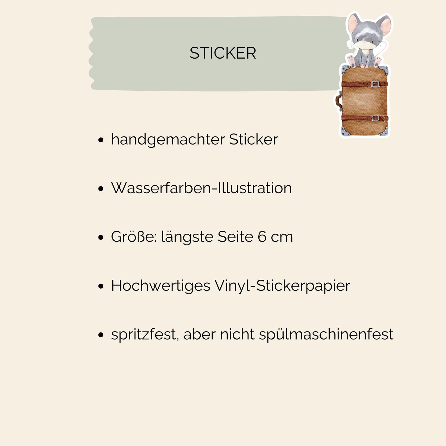 Sticker Maus & Koffer: Handgemalter Vinyl-Sticker mit Cartoon-Maus auf Holz. Perfekt für Urlaubsinspirationen, bullet journals und kreative Dekorationen.
