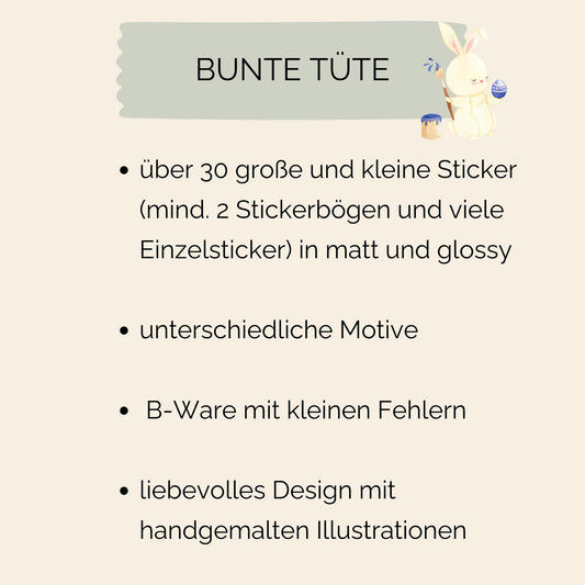 Bunte Tüte Sticker glossy und matt mit über 30 Stickern, darunter mindestens 2 Stickerbögen. Perfekt für Bullet Journals und Scrapbooking.