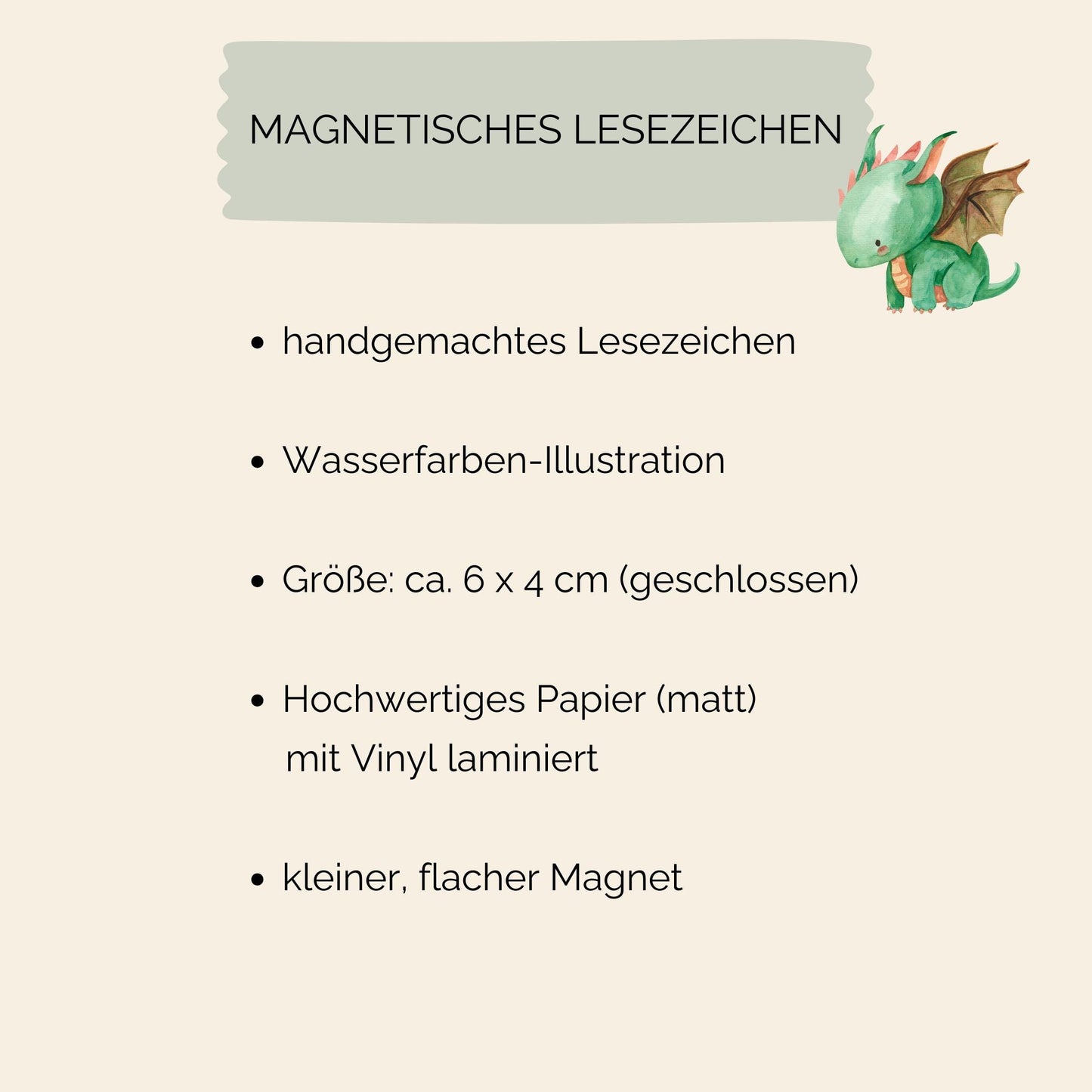Magnetisches Lesezeichen Drache: Handgemaltes Drachenmotiv, ca. 6x4 cm, auf hochwertigem Papier gedruckt, mit Vinyl versiegelt. Ideal für Buchliebhaber.