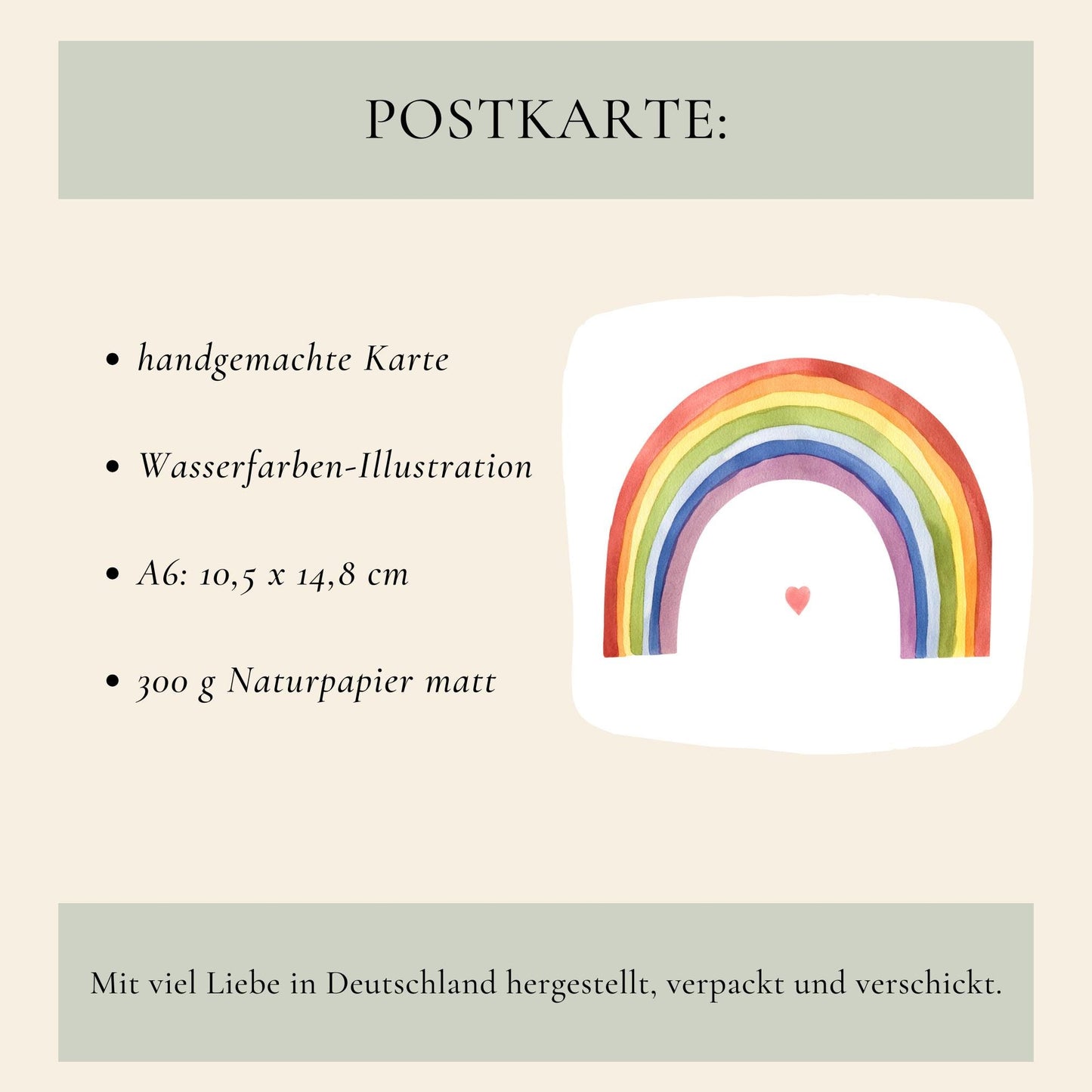 Postkarte Karte Regenbogen mit Herz A6, zeigt einen bunten Regenbogen auf hochwertigem 300g Naturpapier. Rückseite beschreibbar, Größe A6, ohne Dekorationen.