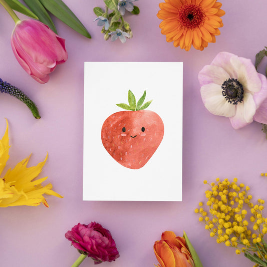 Postkarte Karte Erdbeere A6 mit süßem Erdbeermotiv auf hochwertigem, mattem 300g Naturpapier, beschreib- und bestempelbar, ohne Umschlag.