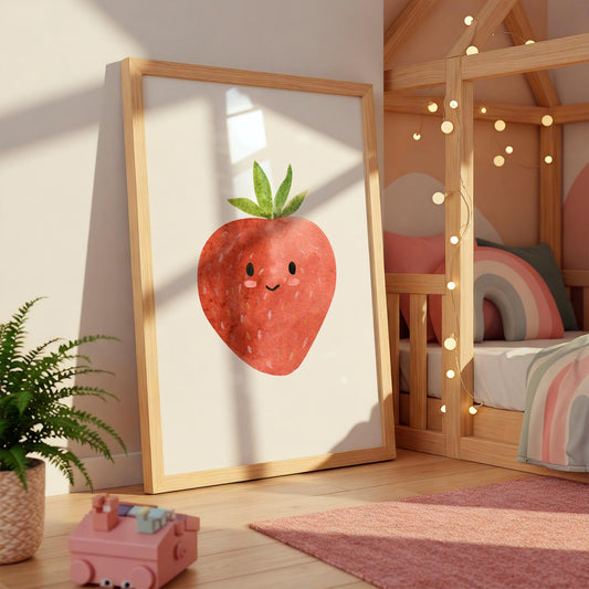 Poster Erdbeere A5, A4 & A3 zeigt eine lächelnde Erdbeere, ideal als Kinderzimmerdeko. Gedruckt auf hochwertigem, stabilem 300g Naturpapier in verschiedenen Größen.