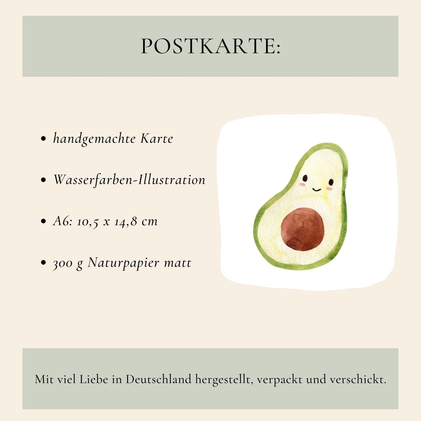 Postkarte Avocado A6 aus hochwertigem 300g Naturpapier, matt. Ideal für Grüße, Glückwünsche oder als Geschenk. Beschreibbare Rückseite, ohne Dekoration. Größe A6: 14,8 x 10,5 cm.