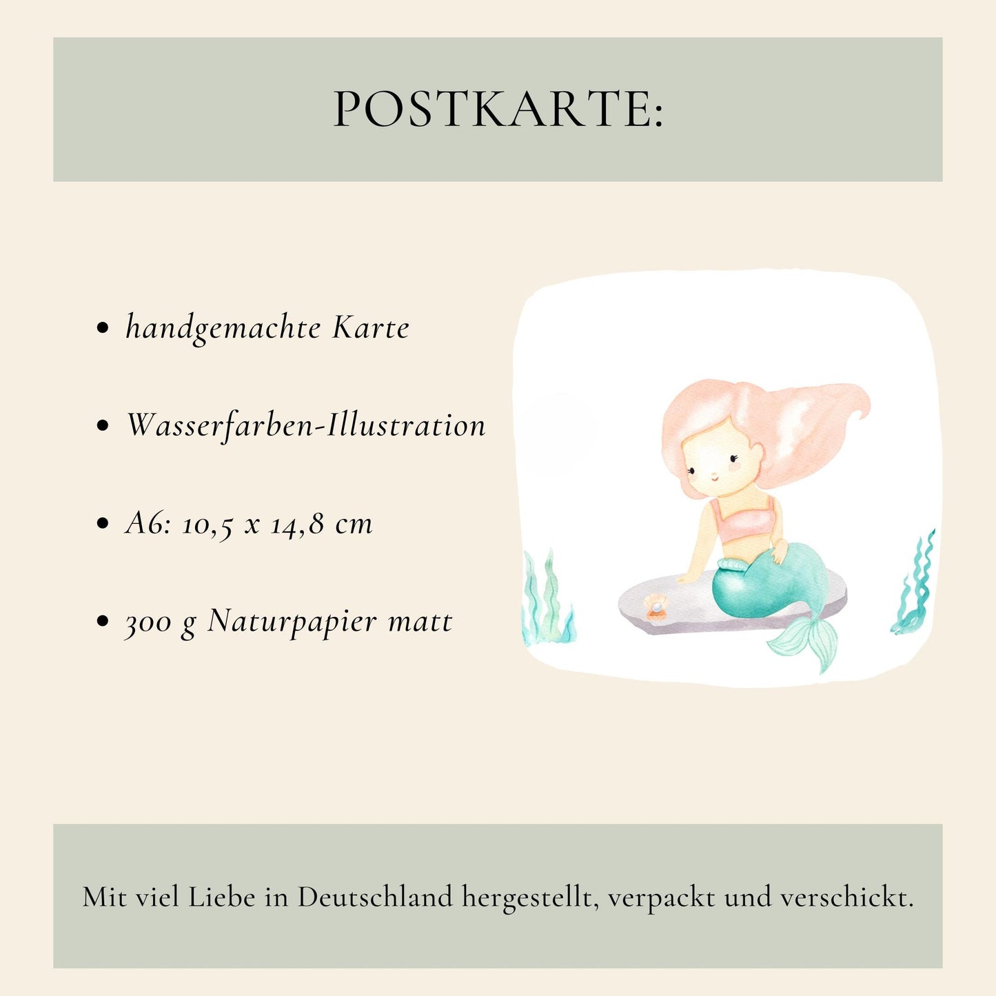 Karte Endlich Schulkind Meerjungfrau A6 zeigt eine Pastell-Meerjungfrau auf einem Felsen. Handgemacht, 300g mattes Naturpapier, ideal als Einschulungsglückwunsch.