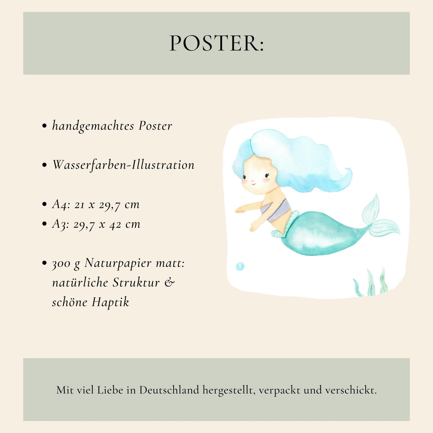 Namensposter personalisiert im 3er Set: Meerjungfrau A3 & A4, handgemachte Wasserfarben-Illustration, auf 300 g natürlichem matten Papier, in Deutschland hergestellt. Perfekt für Kinderzimmer.