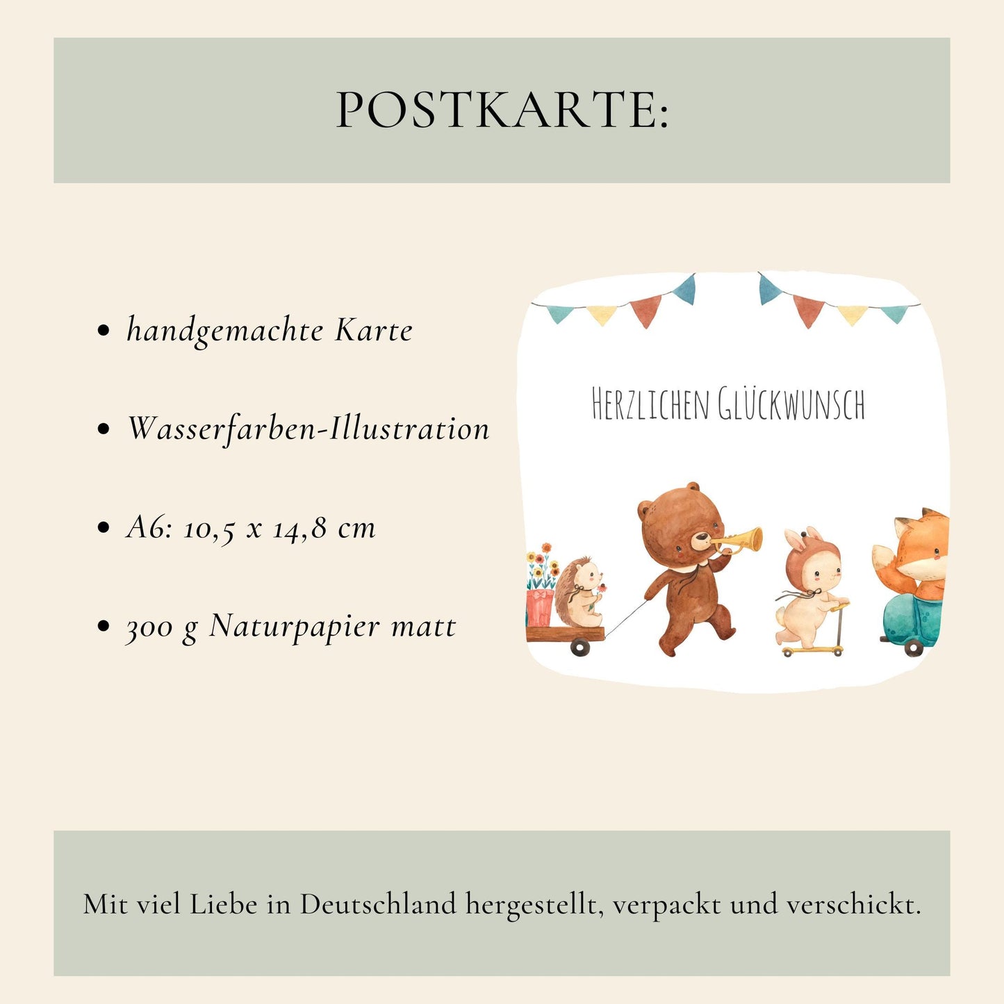 Karte Kindergeburtstag Tierparade Waldtiere A6, handgemachte Wasserfarben-Illustration, zeigt Tierparade mit Igel, Bär, Hase, Fuchs und Herzlichen Glückwunsch-Schriftzug auf mattweißem Naturpapier.