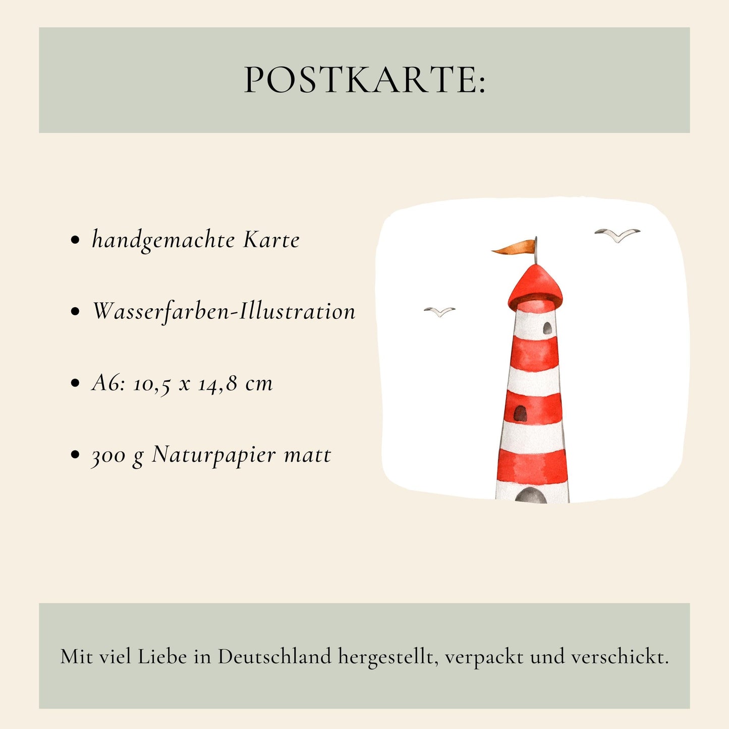 Postkarte Leuchtturm A6 mit handgemachter Wasserfarben-Illustration eines Leuchtturms und Möwen, gedruckt auf 300g mattem Naturpapier, hergestellt in Deutschland. Größe: 10,5 × 14,8 cm.