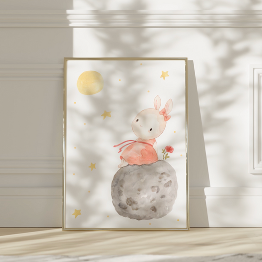 Poster Die kleine Prinzessin A4 & A3: Aquarell, Hase auf einem Felsen, inspiriert von Der Kleine Prinz, auf hochwertigem, mattem Naturpapier gedruckt.