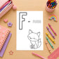 Tierisches Alphabet – Ausmalbilder zum Ausdrucken: Kindgerechter Malbereich mit F wie Fuchs Vorlage und buntem Zubehör, ideal zum spielerischen Buchstabenerlernen.