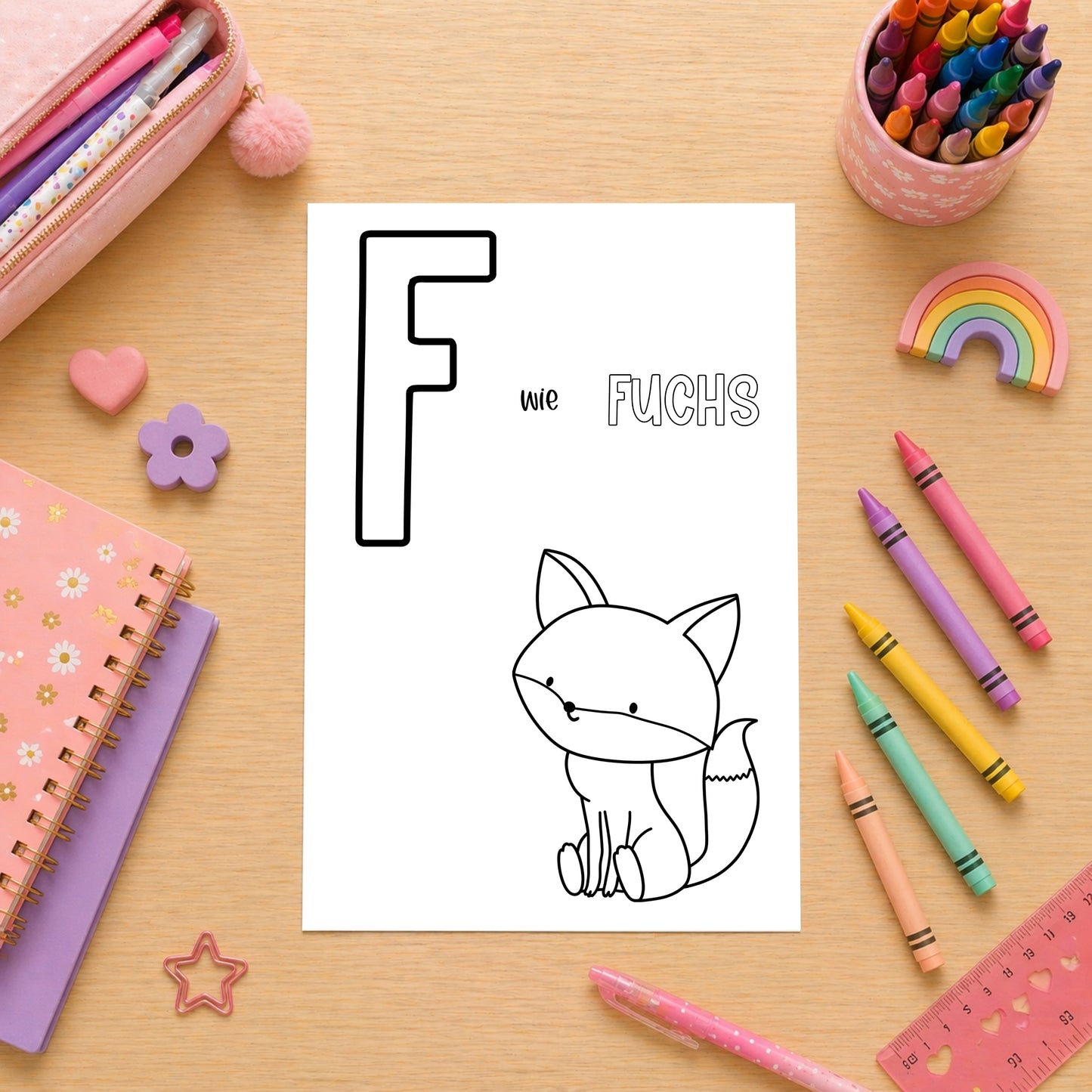 Tierisches Alphabet – Ausmalbilder zum Ausdrucken: Kindgerechter Malbereich mit F wie Fuchs Vorlage und buntem Zubehör, ideal zum spielerischen Buchstabenerlernen.