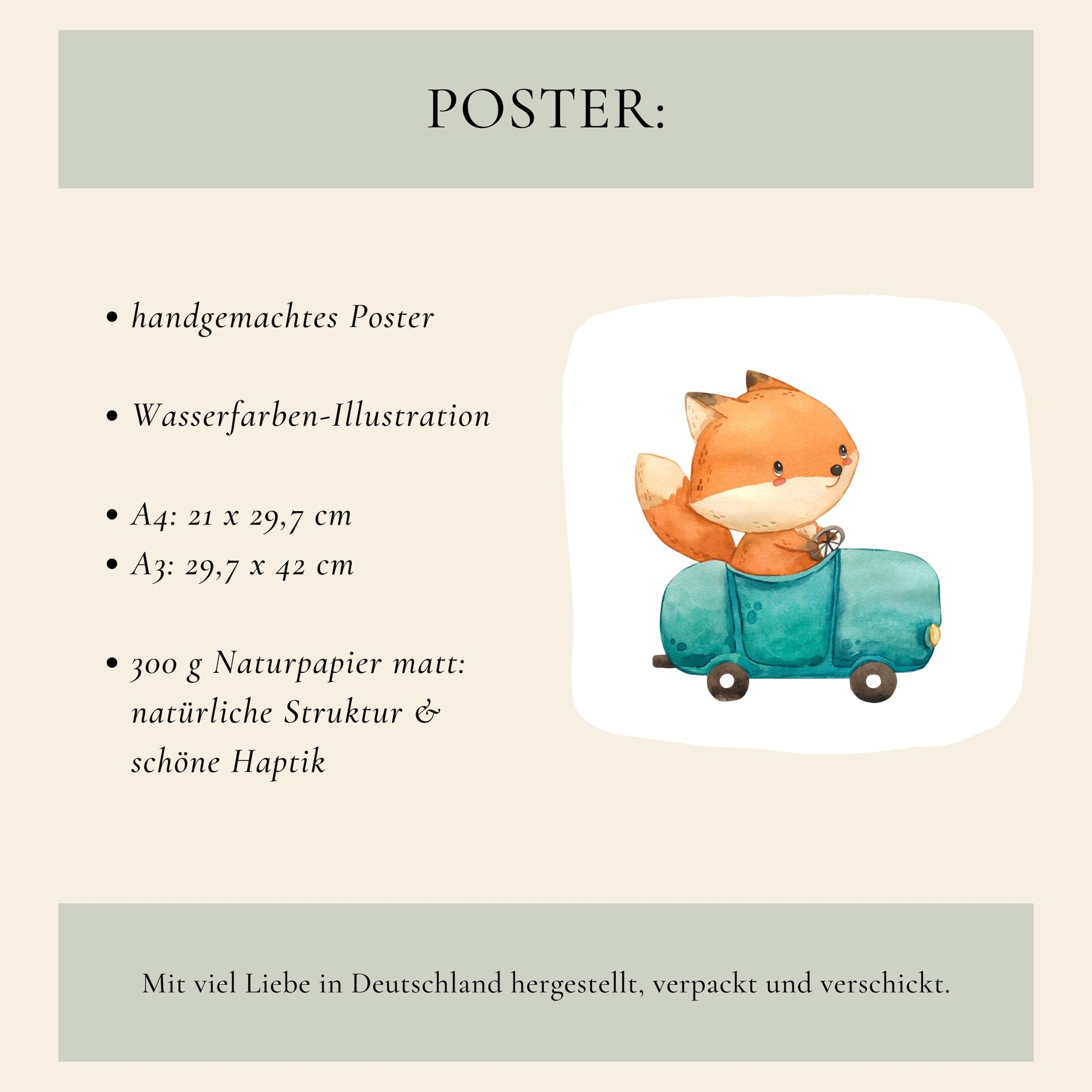 Geburtsposter Fuchs & Auto personalisiert A3 & A4: Handgemachtes Poster mit Aquarell-Fuchs im Auto. Erhältlich in A4 und A3 auf mattem Naturpapier.