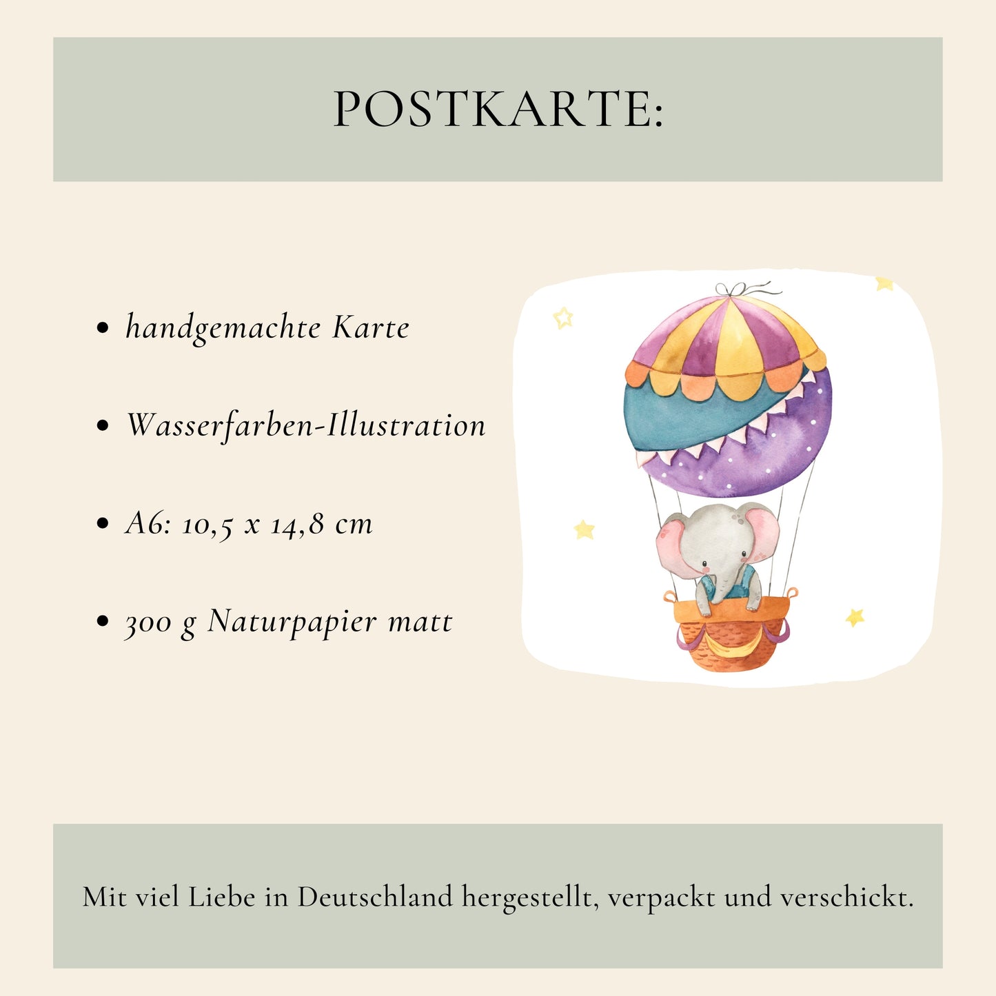 Personalisierte Geburtskarte Elefant & Heißluftballon A6: Handgemalte Postkarte mit Elefanten-Illustration im Heißluftballon, auf 300g mattem Naturpapier, liebevoll in Deutschland hergestellt.