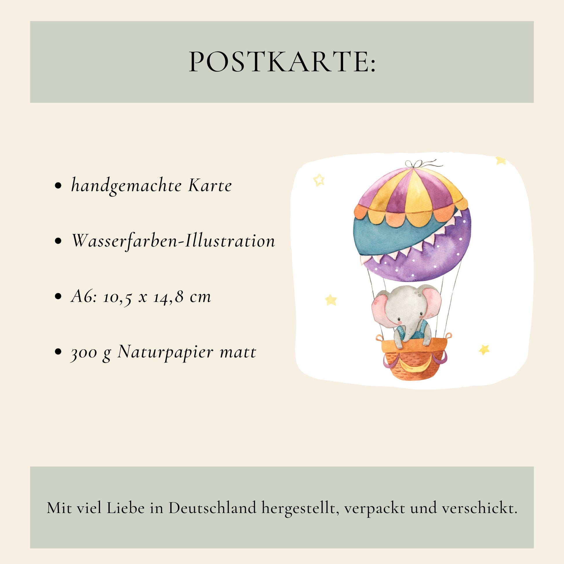 Personalisierte Geburtskarte Elefant & Heißluftballon A6: Handgemalte Postkarte mit Elefanten-Illustration im Heißluftballon, auf 300g mattem Naturpapier, liebevoll in Deutschland hergestellt.