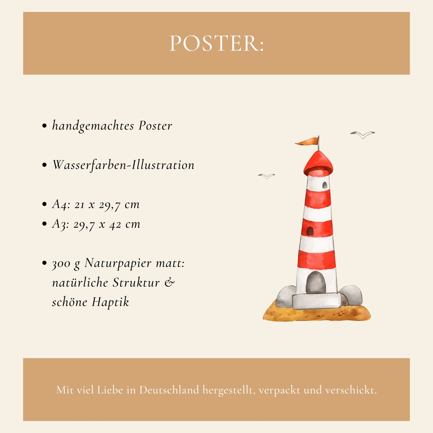 Handgemachtes Leuchtturm Poster mit Aquarell-Illustration, erhältlich in A4 und A3 auf mattem Naturpapier, ideal für skandinavisch inspirierte Kinderzimmer.