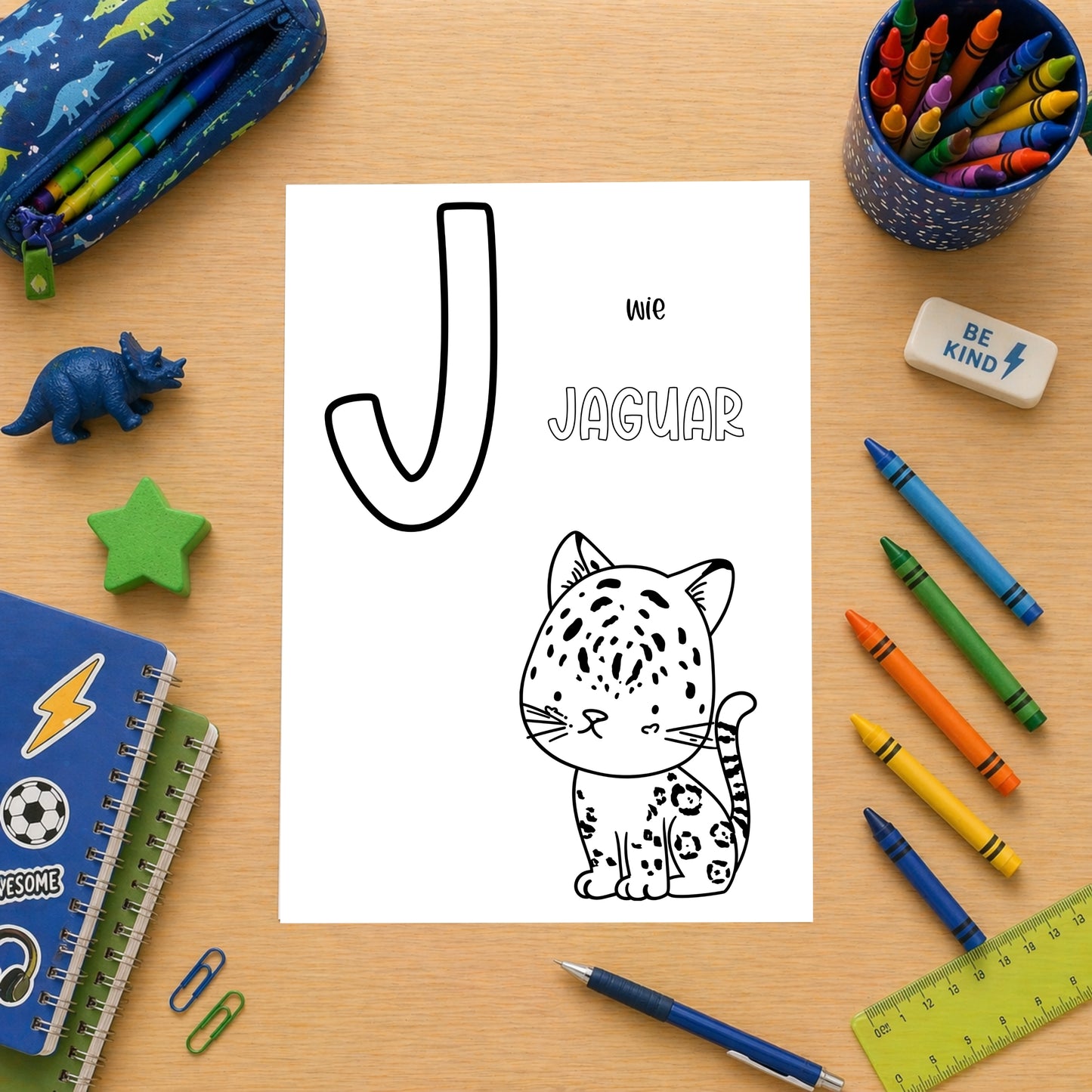 Tierisches Alphabet – Ausmalbilder zum Ausdrucken: Kinderschreibtisch mit J für Jaguar-Malvorlage, Dinosaurier-Etui, Farben, Stifte, Radierer und Notizbücher, alles auf Holzoberfläche.