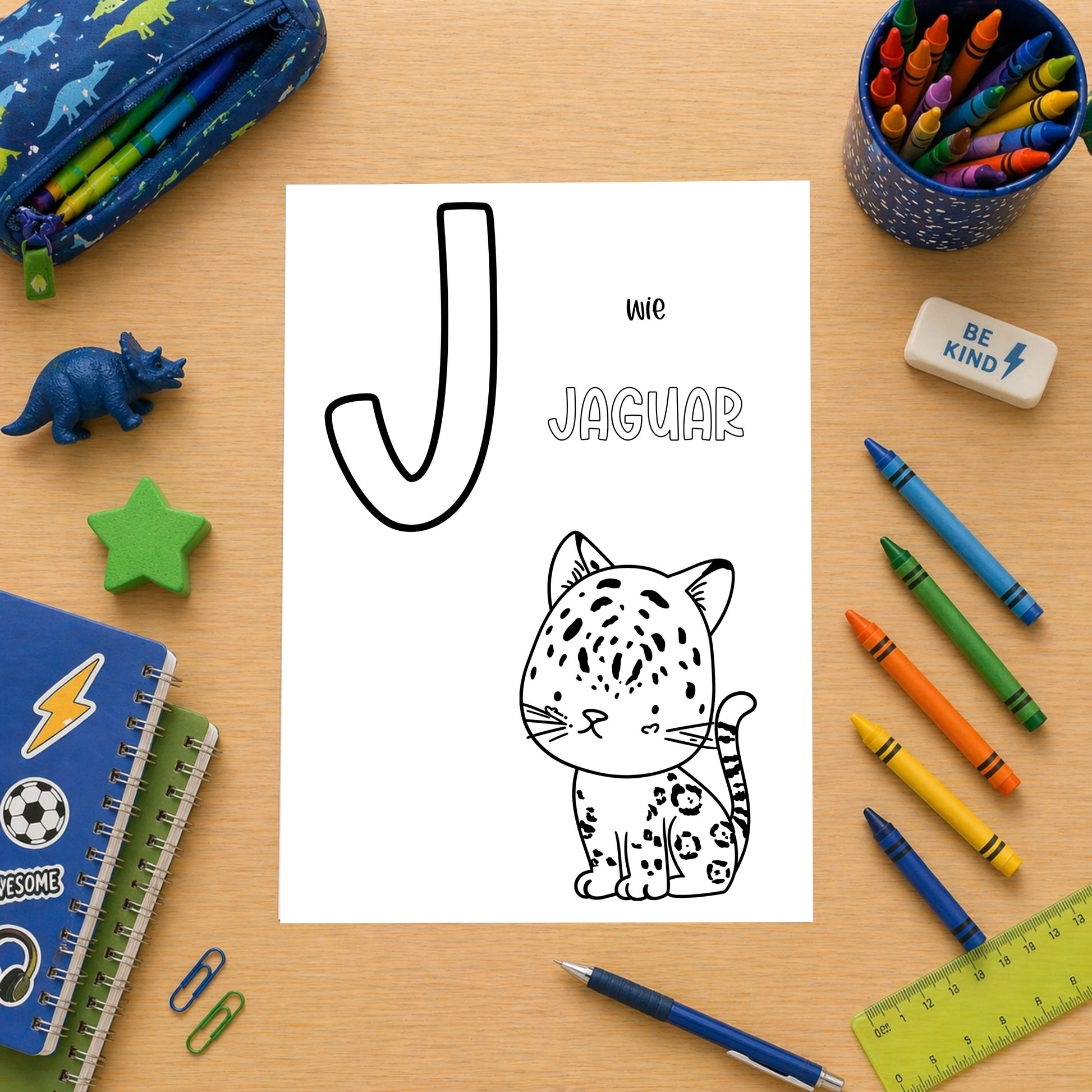 Tierisches Alphabet – Ausmalbilder zum Ausdrucken: Kinderschreibtisch mit J für Jaguar-Malvorlage, Dinosaurier-Etui, Farben, Stifte, Radierer und Notizbücher, alles auf Holzoberfläche.