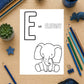 Tierisches Alphabet – Ausmalbilder zum Ausdrucken: Arbeitsblatt „E wie Elefant“ zum Ausmalen, umgeben von Schulmaterialien auf Holztisch. Ideal für spielerisches Lernen.