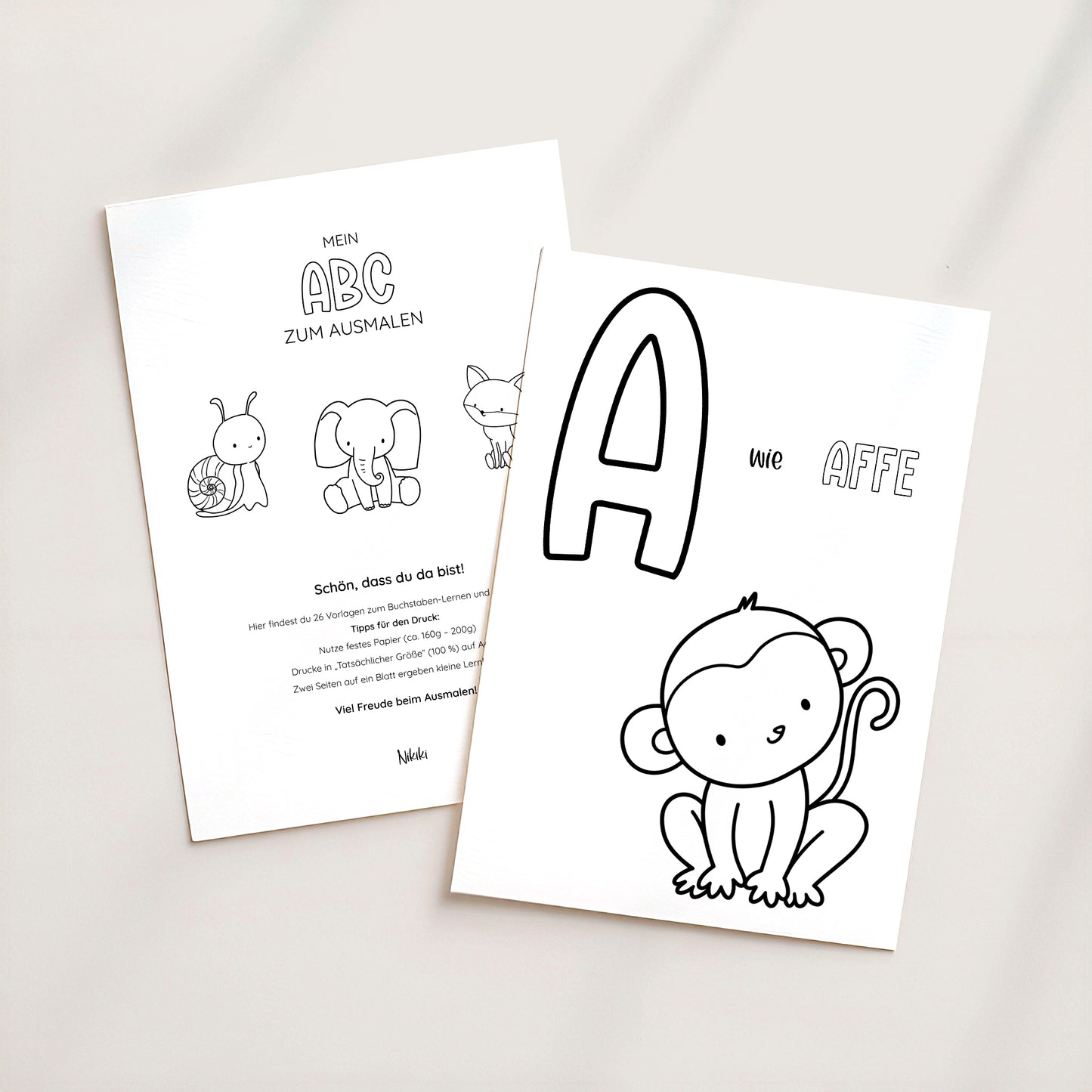 Zwei Malvorlagen aus Tierisches Alphabet – Ausmalbilder zum Ausdrucken: links Mein ABC mit Tieren, rechts ein großes A und ein Affenbild.