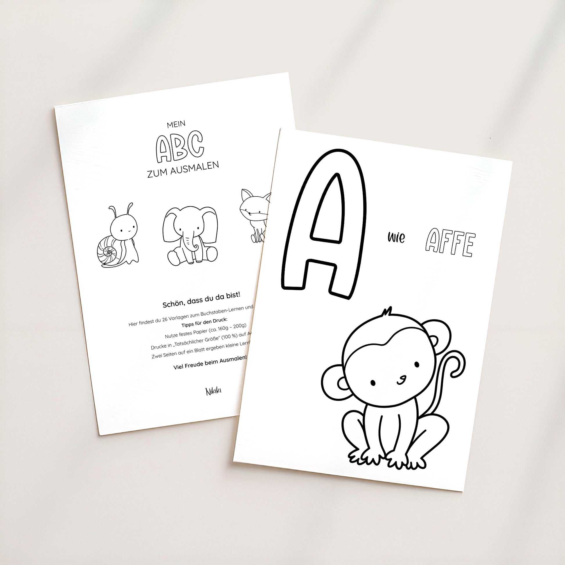Zwei Malvorlagen aus Tierisches Alphabet – Ausmalbilder zum Ausdrucken: links Mein ABC mit Tieren, rechts ein großes A und ein Affenbild.