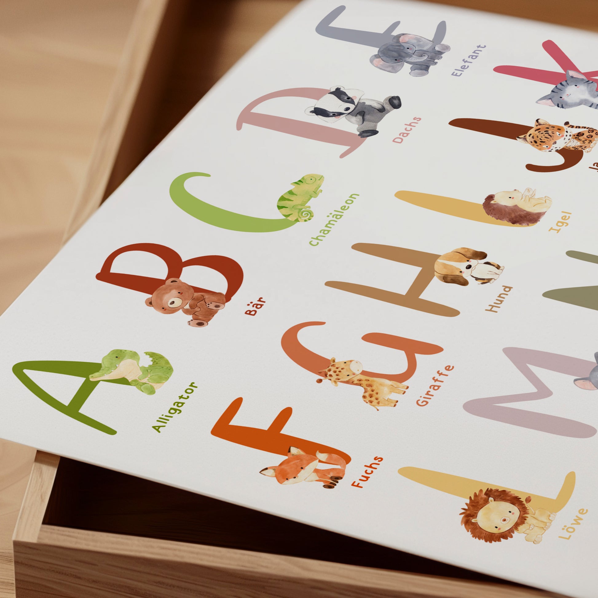 Poster ABC der Tiere A4 & A3 Lernposter mit bunten Tierillustrationen, ideal für Kinderzimmer, spielerisches Lernen von Buchstaben, auf hochwertigem Naturpapier gedruckt.