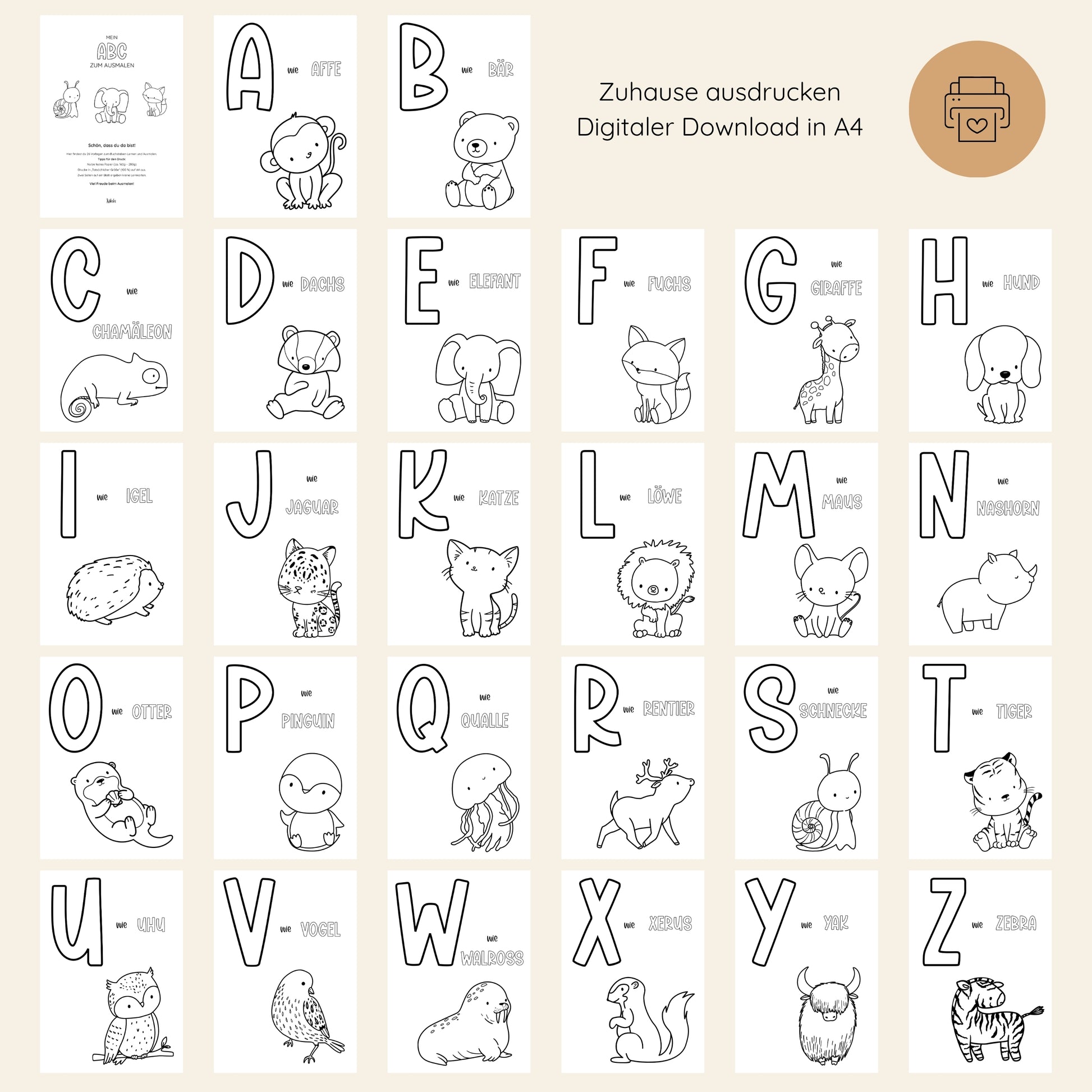 Tierisches Alphabet – Ausmalbilder zum Ausdrucken: A4-PDF mit 26 Buchstaben, je ein Tier und deutsches Wort. Ideal für spielerisches Lernen zu Hause.