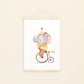Poster Elefant auf Fahrrad A4 & A3: Handgemaltes Aquarell, Vintage Zirkus Elefant auf einem Fahrrad. Auf hochwertigem, mattem 300g Naturpapier gedruckt. Perfekt für Kinderzimmer. An Bildleiste