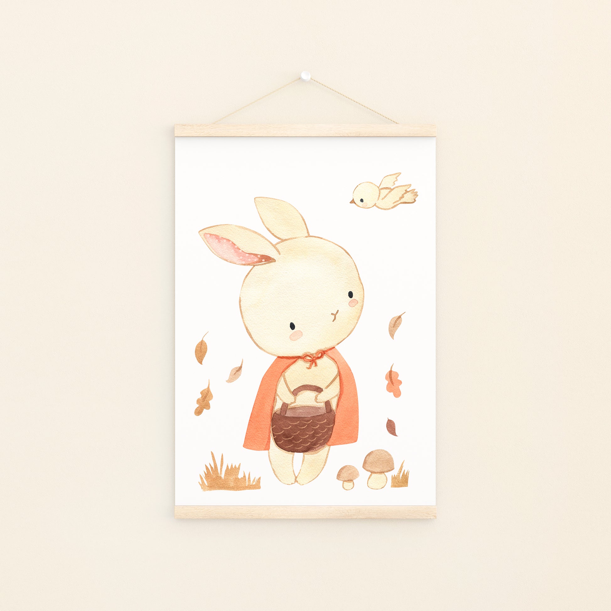 Poster Hase Rotkäppchen A4 & A3: Ein fröhliches Kinderzimmerposter aus stabilem, mattem Naturpapier, ideal als Geschenk oder Dekoration für kleine Träumer.