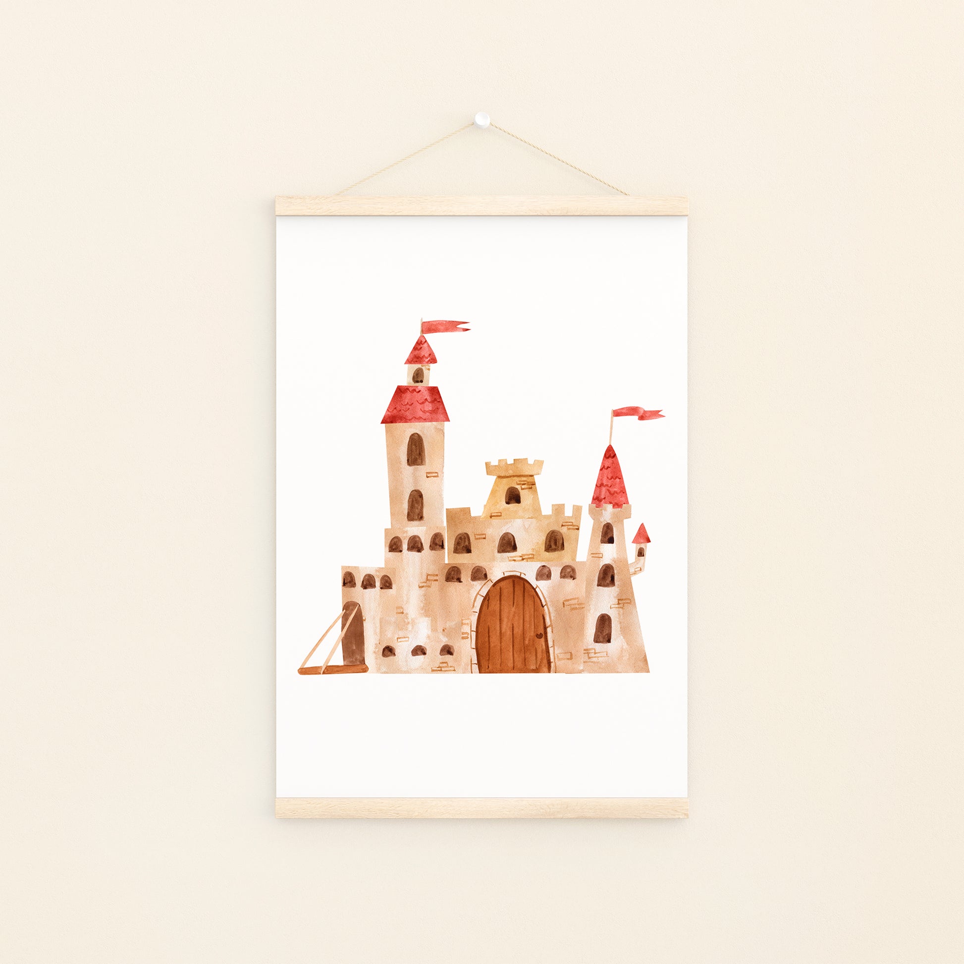 Poster Schloss A4 & A3, ideal für Kinderzimmerdeko, gedruckt auf mattem 300g Naturpapier, zeigt ein fantasievolles Schlossmotiv. Perfekt für kleine Träumer und als Geschenk.
