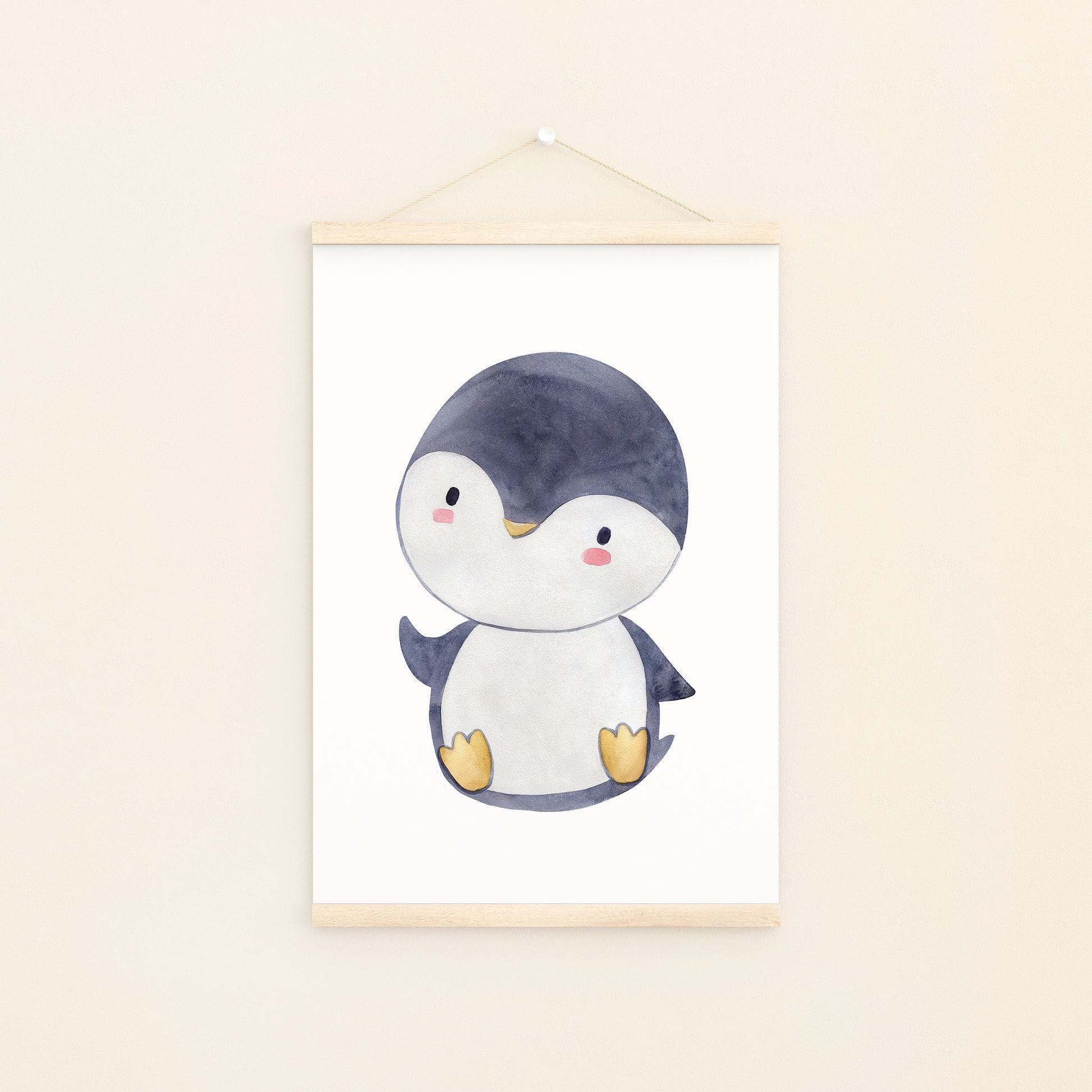 Poster Pinguin A4 & A3: Aquarellzeichnung eines niedlichen Pinguins, ideal für Kinderzimmerdekoration. Gedruckt auf hochwertigem, mattem 300g Naturpapier.