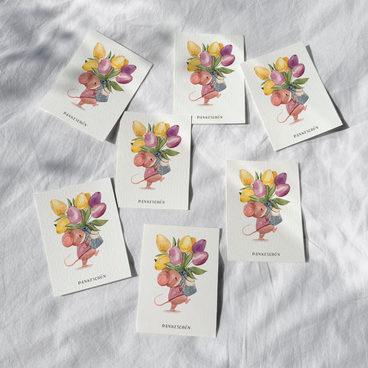 Kleine Dankeskarten mit Maus und Tulpen – 10er Set