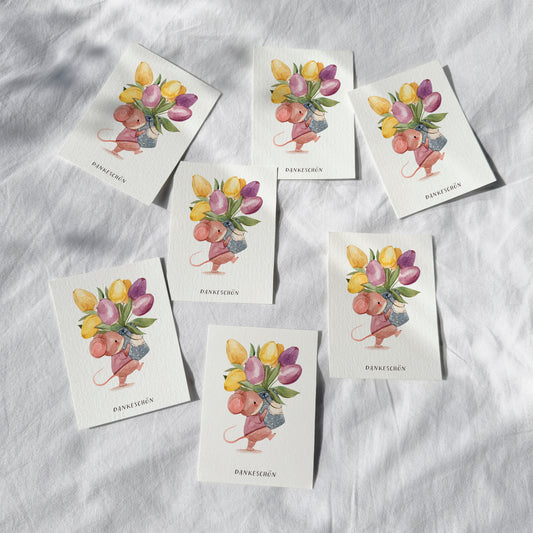 Kleine Dankeskarten mit Maus und Tulpen – 10er Set