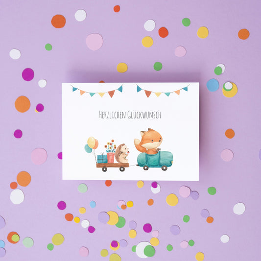 Karte Kindergeburtstag - Fuchs & Igel
