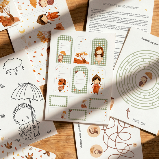 Vorschau des kostenlosen Herbst-Sets mit Labyrinth, Igel-Ausmalbild, Halloween-Geschichte, Lesezeichen, Geschenkanhängern, Etiketten und herbstlicher Papeterie.