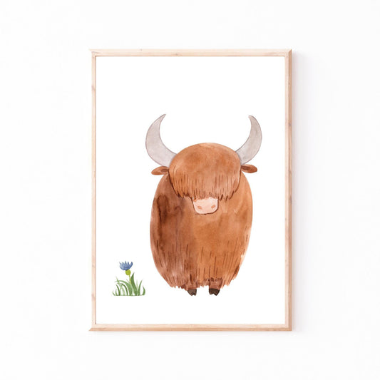 Poster Highland Cow: Handgemalte Highland Cow, perfekt für Kinderzimmer. Gedruckt auf hochwertigem, stabilem 300g Naturpapier, erhältlich in A3 und A4.