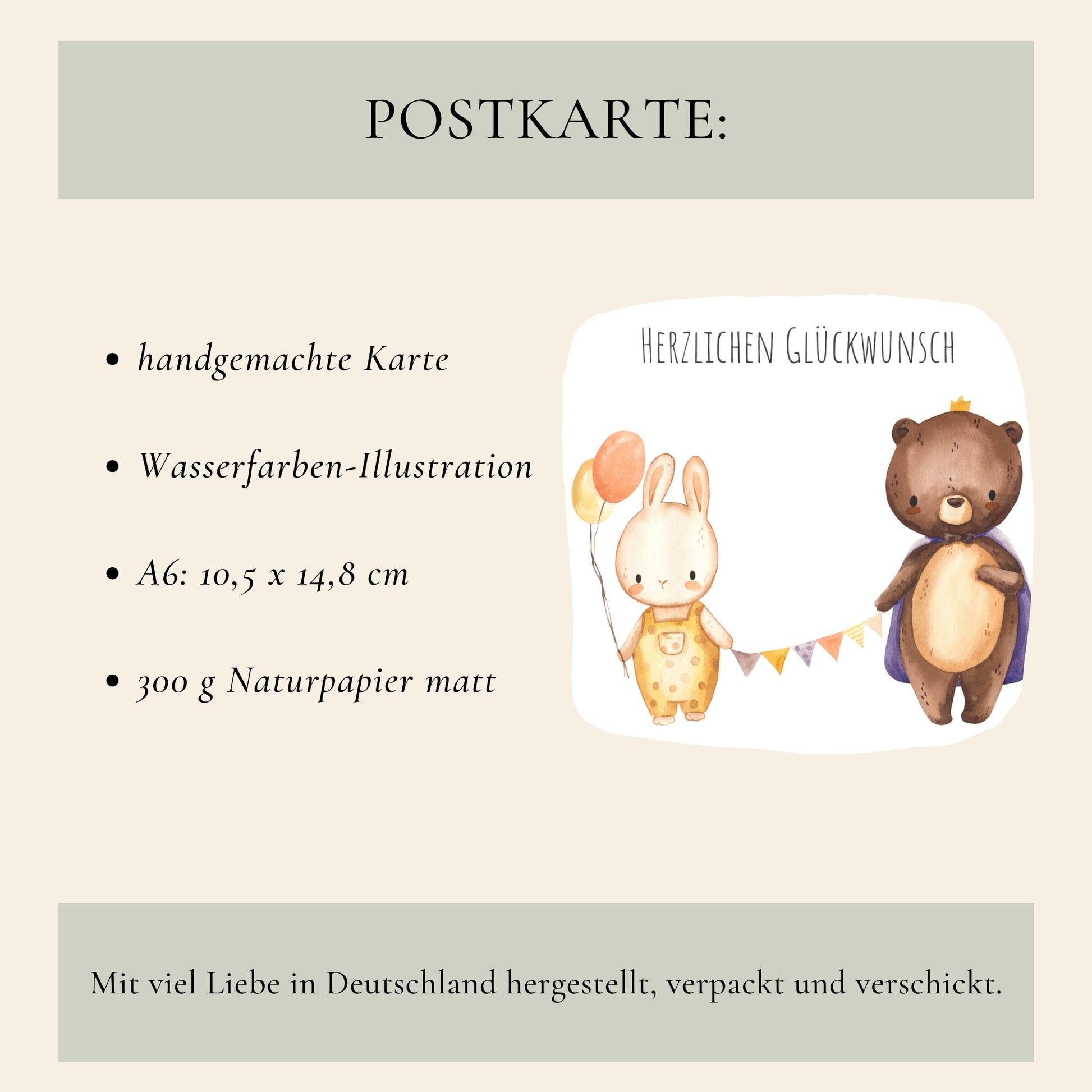Karte Herzlichen Glückwunsch Hase & Bär A6: Handgemachte Aquarell-Postkarte mit Hase-Bär-Szene, Luftballons und Wimpelkette, auf mattem 300 g Naturpapier, ideal für Kindergeburtstage.