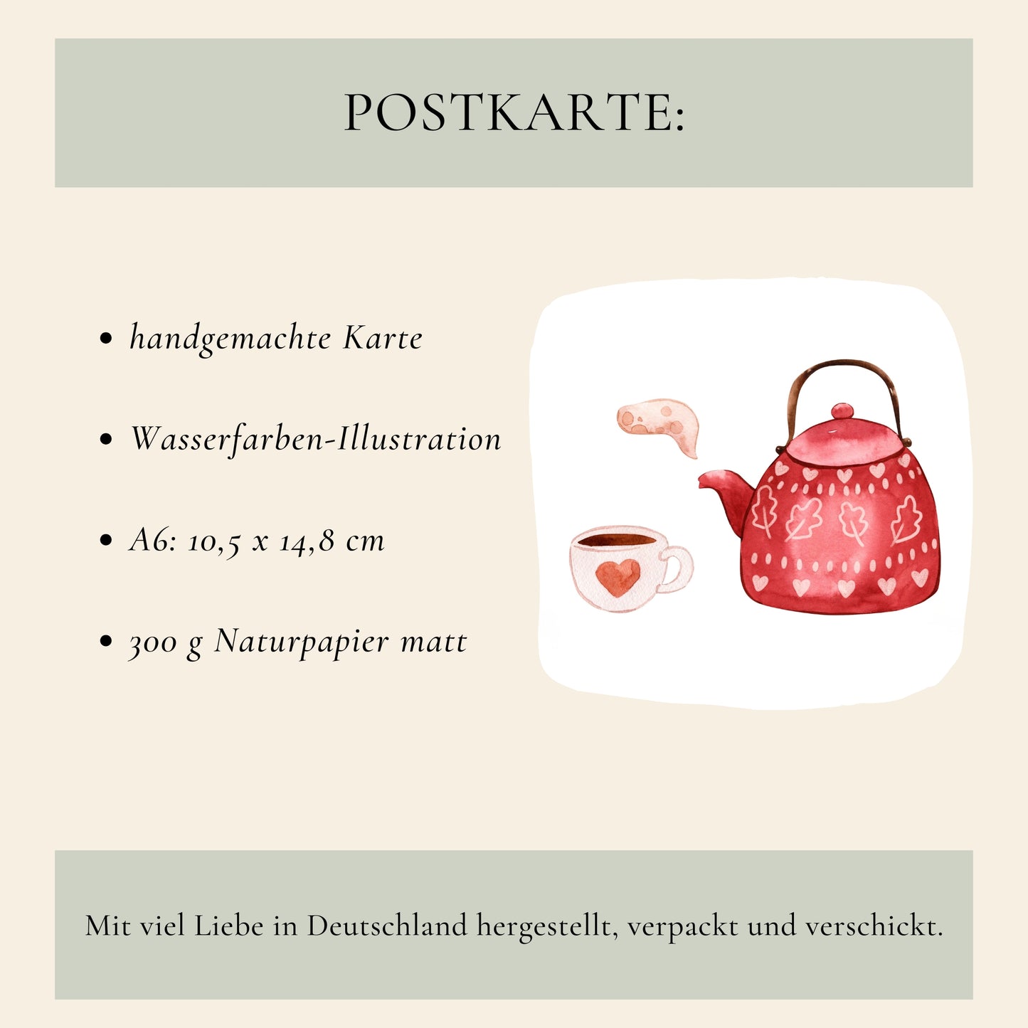 Handgemachte Postkarte Karte Tea Time A6 mit einer zauberhaften Aquarell-Illustration einer roten Teekanne und Teetasse, auf mattem Naturpapier gedruckt.
