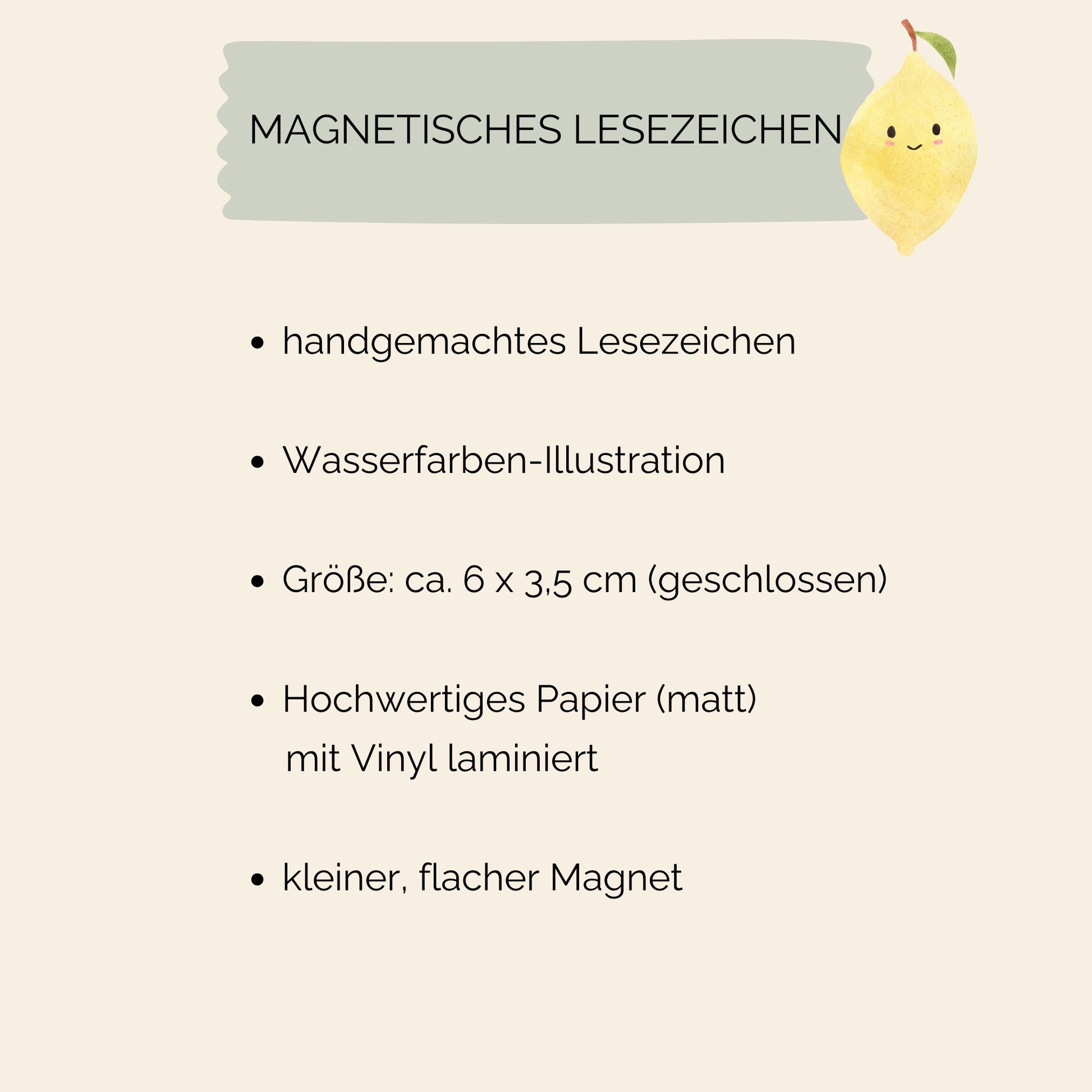 Magnetisches Lesezeichen Zitrone: Handgemachtes, faltbares Lesezeichen mit handgemalter Zitronen-Illustration, flachem Magnetverschluss, hochwertigem, mattem Papier und Vinyl-Laminat, Größe ca. 6 × 3,5 cm.