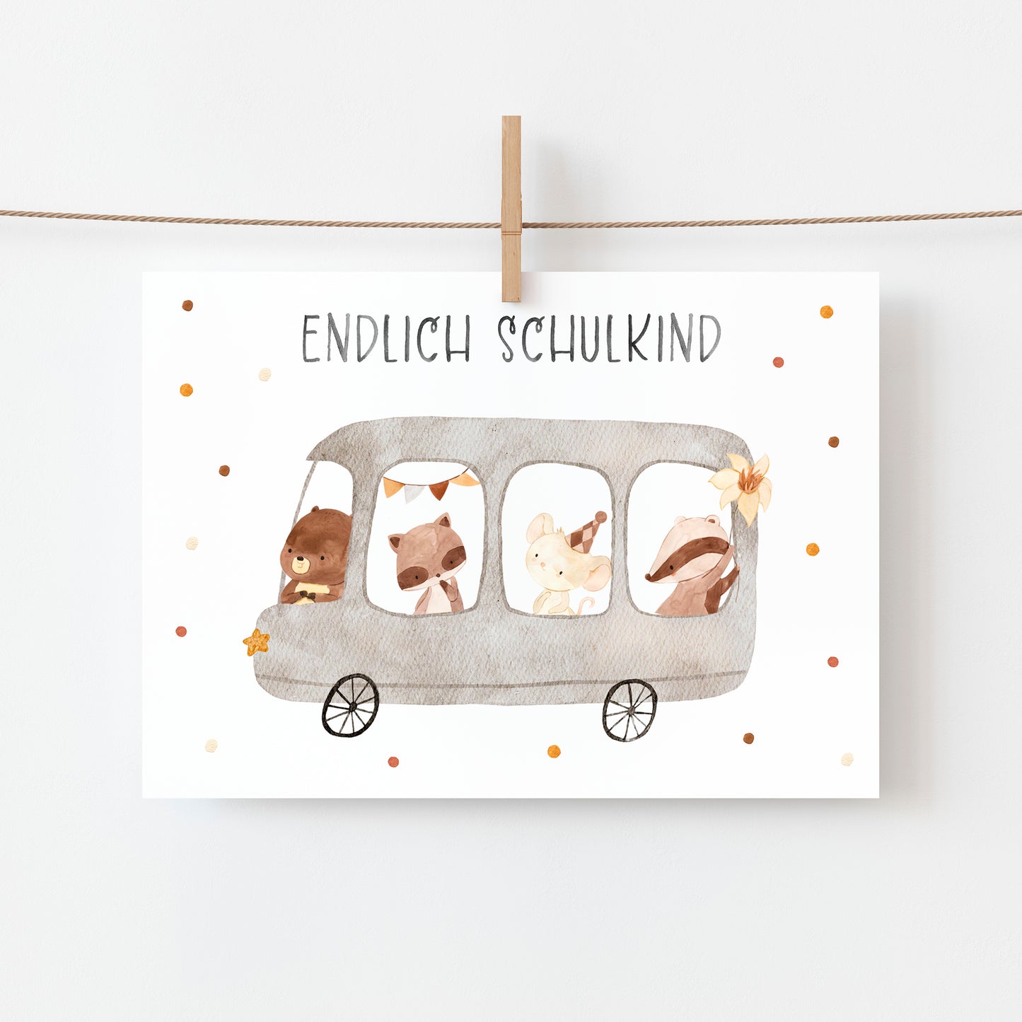 Karte Einschulung – Waldtiere & Schulbus