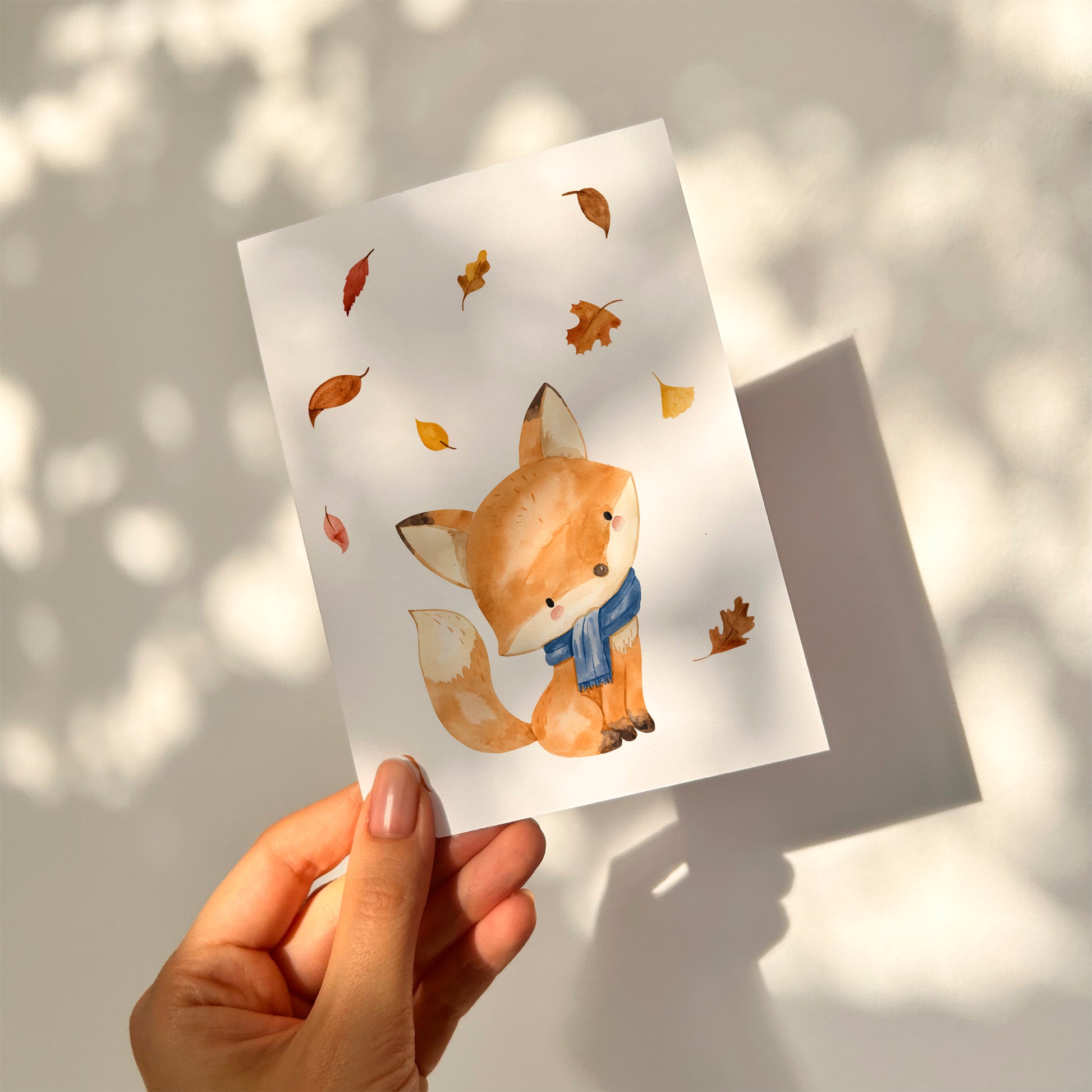 Karte Fuchs & Herbstlaub A6: Eine Postkarte mit Aquarell-Fuchs im Herbstlaub, auf hochwertigem Naturpapier gedruckt. Perfekt für Grüße oder als Herbstdekoration.