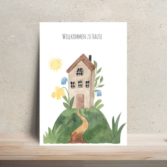 Postkarte mit Aquarellmotiv: Hause auf einem Hügel, gedruckt auf hochwertigem, mattem 300g Naturpapier, Größe A6, beschreibbar und bestempelbar, ideal für Einzug/Umzug.