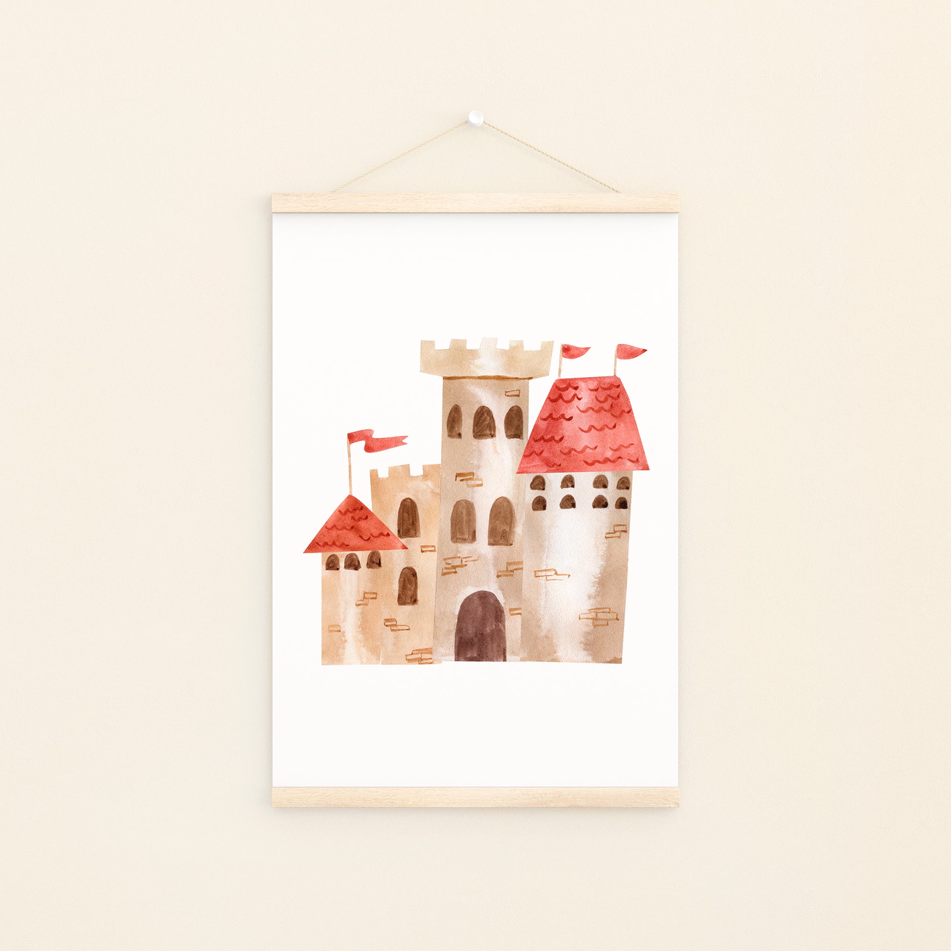 Poster Burg A4 & A3: Hochwertiges Poster einer Burg an einer Bildleiste, ideal für Kinderzimmerdeko, stabil und farbintensiv auf 300g Naturpapier gedruckt.