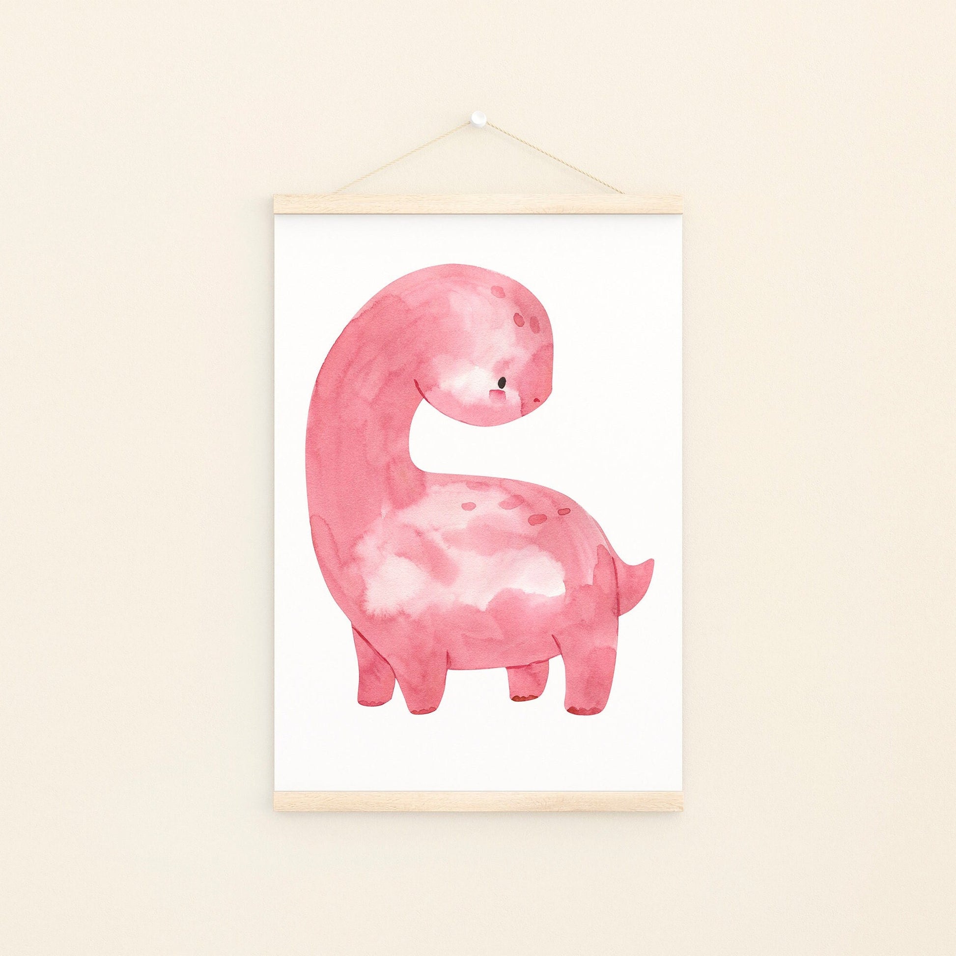 Poster Dinosaurier Pink A4 & A3, handgemalt, pinker Dino mit langem Hals, ideal zur Dekoration von Kinderzimmern. Gedruckt auf hochwertigem 300g Naturpapier.