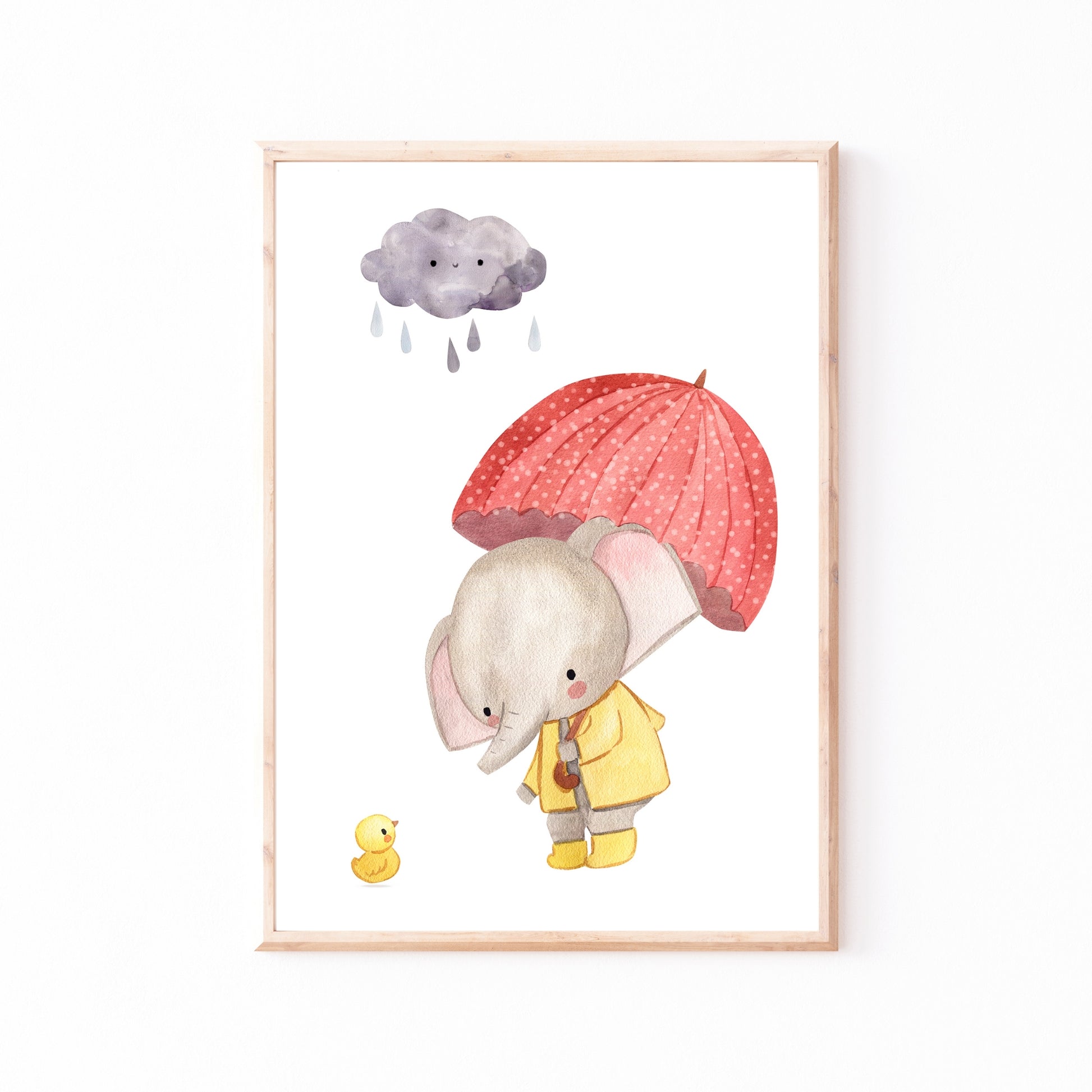 Poster Elefant mit Regenschirm A4 & A3: Aquarell-Elefant im gelben Regenmantel, Regenschirm und Entchen, perfekt für das Kinderzimmer. Hochwertiger Druck auf mattem Naturpapier.